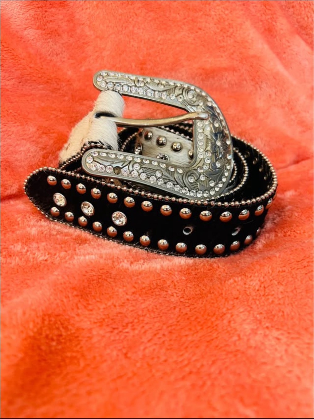 Women's Black Studded Western Belt with Crystal Buckle